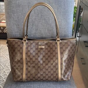 GUCCI Crystal Joy GG Tote Brown with Gold Trim
